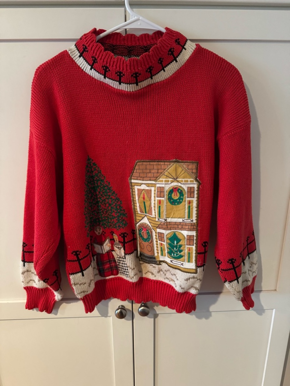 Red Holiday Knit Sweater with Festive House Motif